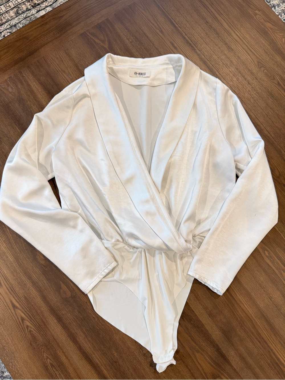 Draped Surplice White Long-Sleeve Bodysuit